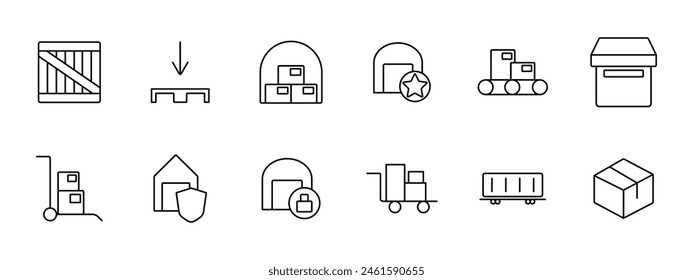 Delivery set icon. Online shopping, box, port, sea container, stuffing, warehouse, star, hangar, box, shield, lock, stretcher, cardboard box. Cargo transportation concept.