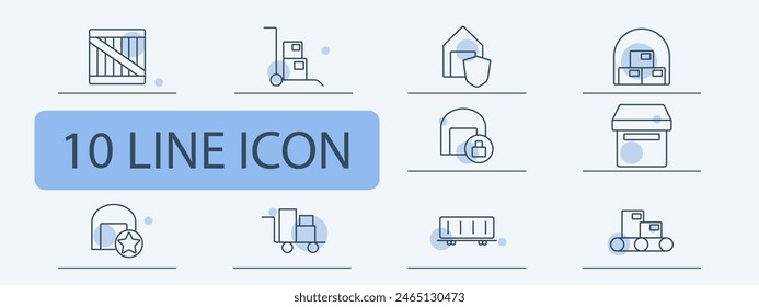 Delivery set icon. Online shopping, box, port, sea container, stuffing, warehouse, star, hangar, box, shield, lock, stretcher, cardboard box. Cargo transportation concept.