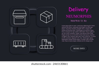 Delivery set icon. Online shopping, box, port, sea container, stuffing, warehouse, star, hangar, box, shield, lock, stretcher, cardboard box, neomorphism. Cargo transportation concept.