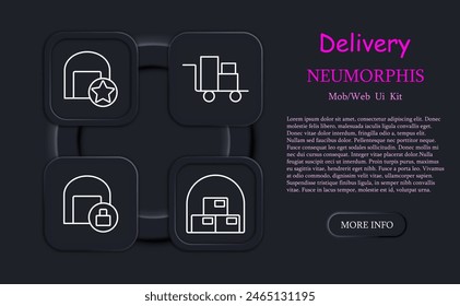 Delivery set icon. Online shopping, box, port, sea container, stuffing, warehouse, star, hangar, box, shield, lock, stretcher, cardboard box, neomorphism. Cargo transportation concept.