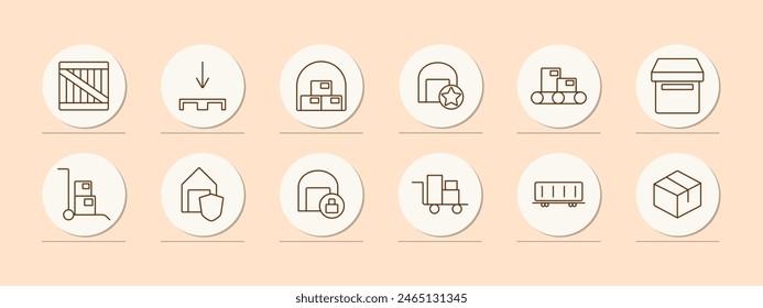 Delivery set icon. Online shopping, box, port, sea container, stuffing, warehouse, star, hangar, box, shield, lock, stretcher, cardboard box. Cargo transportation concept.