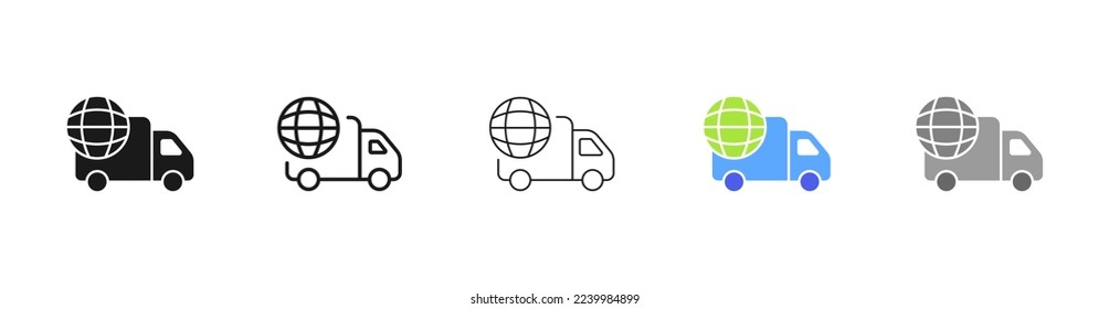 Delivery set icon. Pack, package, delivery service, packing, shipping, cardboard, cross, circular arrows, box, quality mark. Logistics concept. Vector five icon in different style on white background