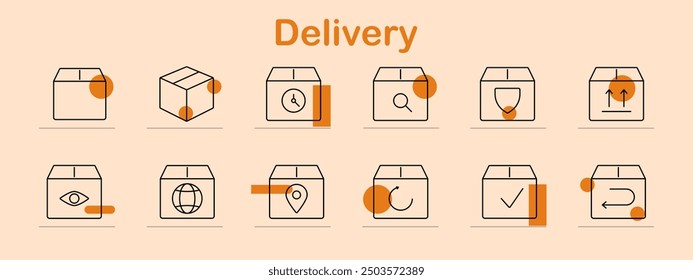 Delivery set icon. Package, box, shipping, logistics, tracking, protection, return, order, delivery service, parcel, time, location, global, courier, delivery process, security.