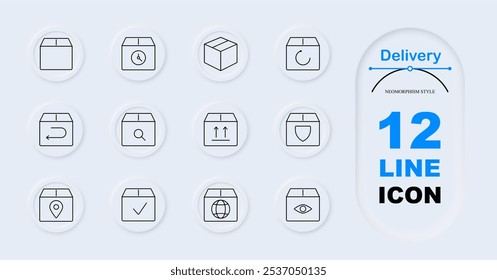 Ícone do conjunto de distribuição. Pacote, relógio, pacote embalado, retorno, seta, seta para cima, seguro, localização, pacote verificado, globo, olho. Logística, serviços de transporte