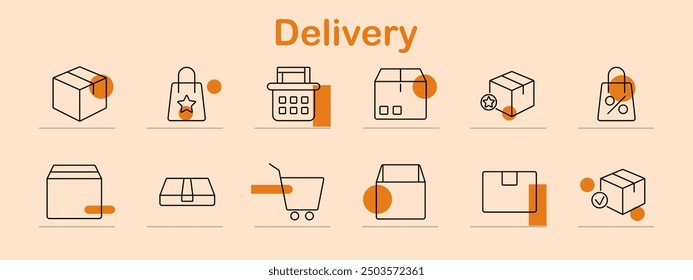 Delivery set icon. Package, shopping bag, basket, cart, ecommerce, box, online order, shipment, product delivery, shipping, store, logistics, retail, courier, purchase, consumer goods, inventory