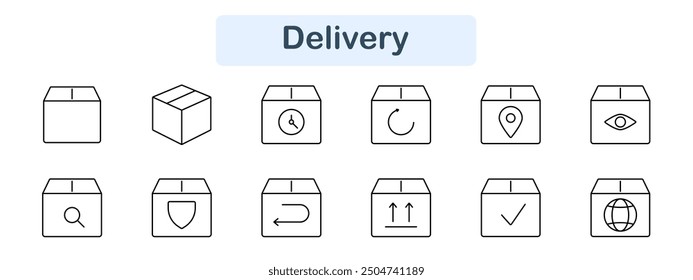 Delivery set icon. Package, tracking, return, location, view, search, security, arrow, check, upload, digital, shipping, logistics, online, commerce, transport, order, parcel, box, shipment.