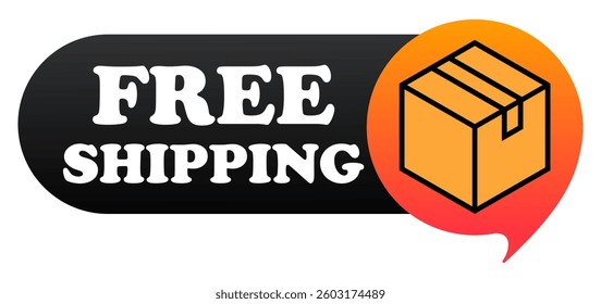 Delivery set icon. Parcel in motion next to phrase Free shipping symbolizes logistics, fast delivery, ecommerce promotion, online shopping benefit, courier service, packaging.
