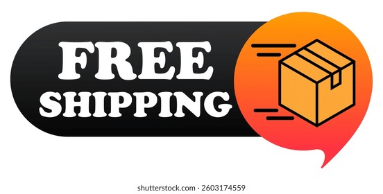Delivery set icon. Parcel in motion next to phrase Free shipping symbolizes logistics, fast delivery, ecommerce promotion, online shopping benefit, courier service, packaging.