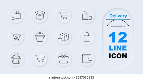 Delivery set icon. Price tag bag, empty box, trolley, box with plus, packaging, container with handles, wallet, heart box, delivery shopping bag, cart, checkout basket. Retail, product shipping