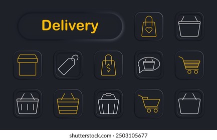 Delivery set icon. Shopping cart, box, price tag, bag, basket, online shopping, ecommerce, package, retail, shipping, logistics, purchase, delivery, distribution, consumer goods, order.