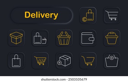 Delivery set icon. Shopping cart, box, price tag, bag, basket, online shopping, ecommerce, package, retail, shipping, logistics, purchase, delivery, distribution, consumer goods, order.