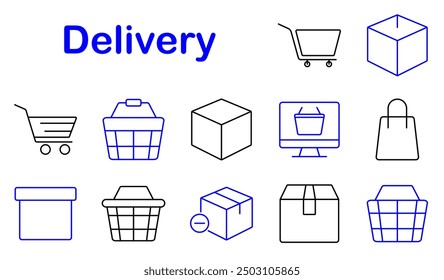 Delivery set icon. Shopping cart, box, price tag, bag, basket, online shopping, ecommerce, package, retail, shipping, logistics, purchase, delivery, distribution, consumer goods, order.