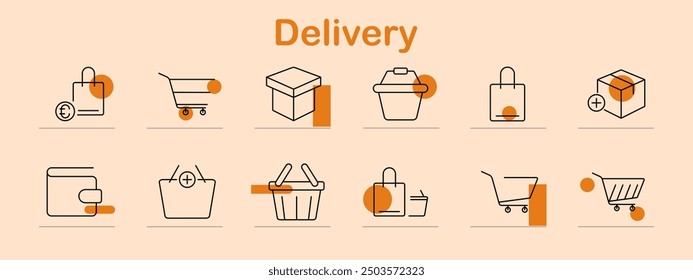 Delivery set icon. Shopping cart, package, wallet, basket, shopping bag, online order, box, payment, ecommerce, retail, purchase, shipping, logistics, consumer goods, delivery service, cart