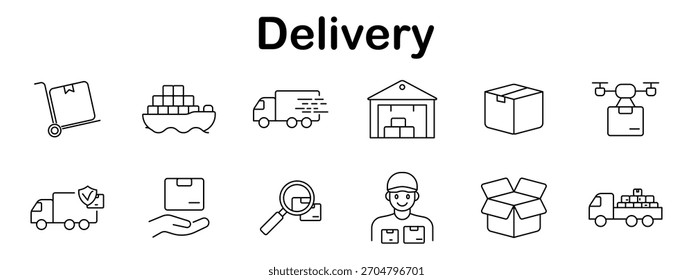 Icono de conjunto de entrega. Carretilla, barco de carga, furgoneta, almacén, paquete, drone, camión de envío, paquete de mano, lupa, mensajero, caja abierta, camión completo renderizado en forma de contorno.