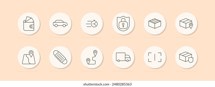 Delivery set icon. Wallet, car, stopwatch, lock, package, map, conveyor, route, truck, scan. Logistics, transportation, shipping concept. Vector line icons on beige background.