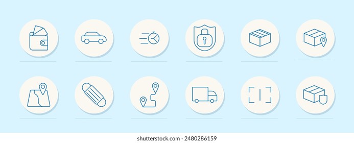 Delivery set icon. Wallet, car, clock, shield, box, location, map, and delivery truck. Logistics, shipping, courier service concept.