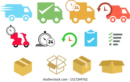 Delivery set icons, with van, truck, motorbike and package icons