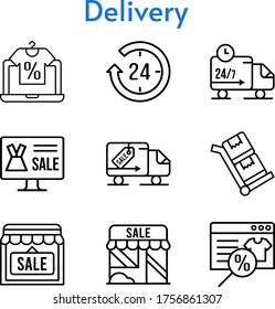 delivery set. included online shop, 24-hours, shop, delivery truck, trolley icons. linear styles.