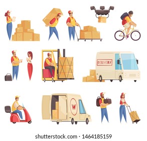 Delivery set with isolated icons of postal service workers and shipping transport equipment on blank background vector illustration