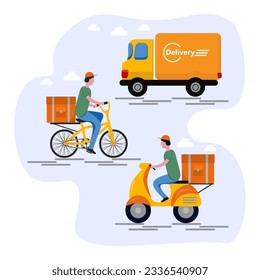 delivery set Online home and office. Scooter Bicycle truck courier vector illustration design