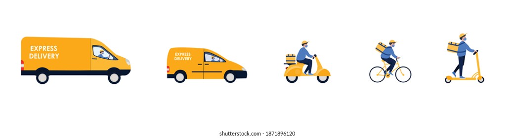 Delivery Set. Online Delivery Service Concept. Order Tracking, Delivery Home And Office. Truck, Car, Electronic Scooter, Bicycle, Motorbike Courier, Delivery Man In Medical Mask. Vector Illustration. 