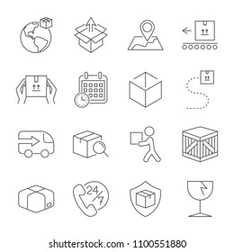 Delivery. Set of outline icons. Includes such as downloading, express delivery, search tracking number, courier and more. Editable stroke. 