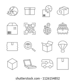 Delivery. Set of outline vector icons. Includes such as Loading, Express Delivery, Tracking Search, Cargo Ship and other. Editable Stroke. EPS 10