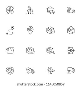 Delivery. Set of outline vector icons. Includes such as Loading, Express Delivery, Tracking Number Search, Cargo Ship and other. Editable Stroke. 48x48 Pixel Perfect