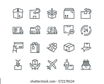 Delivery. Set of outline vector icons. Includes such as Loading, Express Delivery, Tracking Number Search, Cargo Ship and other. Editable Stroke. 48x48 Pixel Perfect