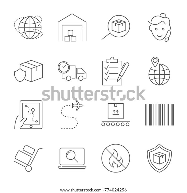 Delivery. Set of outline vector icons. Includes\
such as Loading, Express Delivery, Tracking Number Search, Cargo\
Ship and other. Editable\
Stroke.