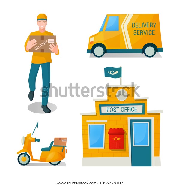 Delivery set: postal, service, fast, free. A\
courier man, in branded clothes, the postman brought a box with a\
parcel. Set of post office icons, postal van, delivery truck,\
scooter. Vector\
cartoon