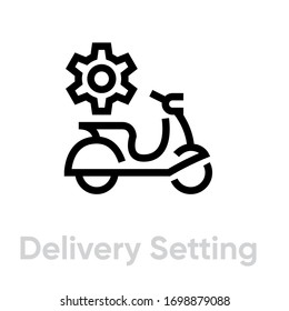 Delivery Setting Bike Icon. Editable Line Vector. The Sign Is A Simple Scooter And A Stylized Gear Logo. Single Pictogram.