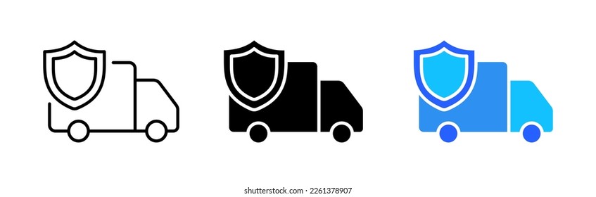 Delivery with shield line icon. Safety, goods, sales, purchases, transportation, storage, protection, quality, car. Trucking concept. Vector icon in line, black and color style on white background