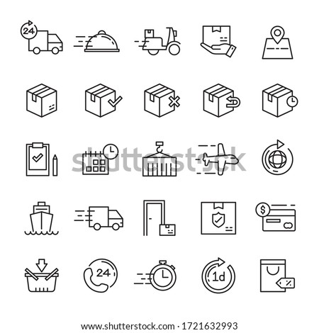 Delivery and shipping 25 line icons vector