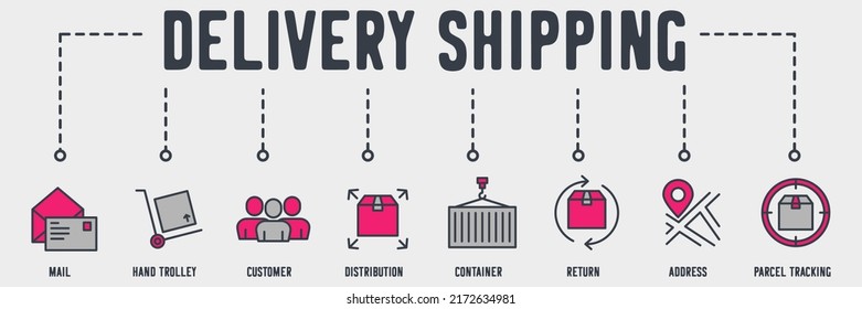 Delivery Shipping banner web icon. mail, hand trolley, customer, distribution, container, return, address, parcel tracking vector illustration concept.