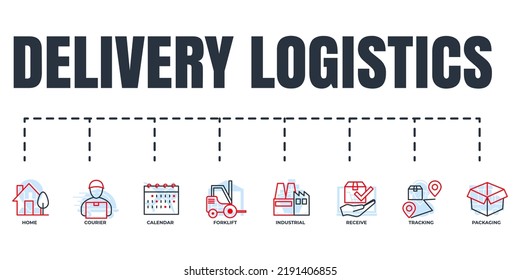Delivery shipping banner web icon set. home, industrial, courier, calendar, packaging, forklift, parcel tracking, receive package vector illustration concept.