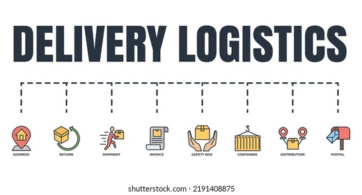 Delivery shipping banner web icon set. distribution, container, safety box, shipment, postal, invoice, return, address vector illustration concept.