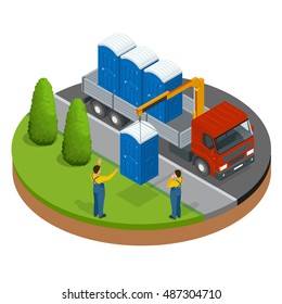 Delivery or shipping bio toilet cabins in city. Hiking services. Flat color style vector illustration icon.