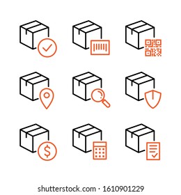 Delivery shipping, check, barcode, QR code, location, search, protect or insurance,  cost or price, calculate and list icons set. Simple design. Line vector. Isolate on white background.