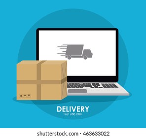 Delivery and Shipping concept represented by package and laptop icon. Colorfull and flat illustration.