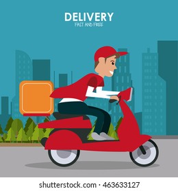 Delivery and Shipping concept represented by red motorcycle and package icon. Colorfull and flat illustration.