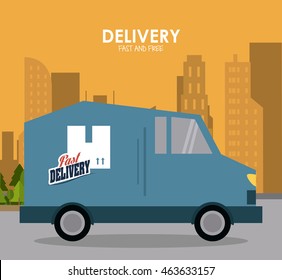 Delivery and Shipping concept represented by truck and city icon. Colorfull and flat illustration.