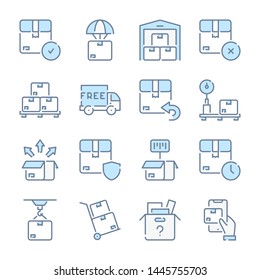 Delivery, Shipping and Distribution related blue line colored icons.