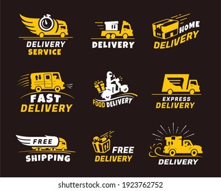 Delivery, shipping fast, free, food, service, express, home yellow and white silhouette bold icons, labels, sticker set. Driving car, van, truck, moving motorbike, carrier. Vector collection on black.