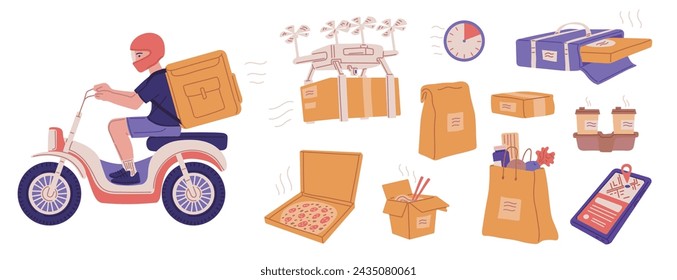 Delivery and shipping goods and food by courier or drones, set of flat vector illustrations isolated on white background. Online shop and takeaway food delivery icons.