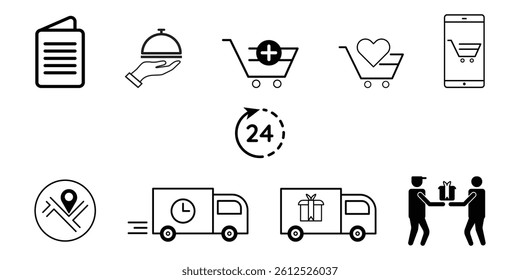 Delivery, shipping icon pack. Gift, product food supply, menu, deliver, moving truck, 24 hour service symbol collection for online retail store vector illustration.