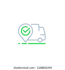 delivery, shipping icon with van and mark, linear