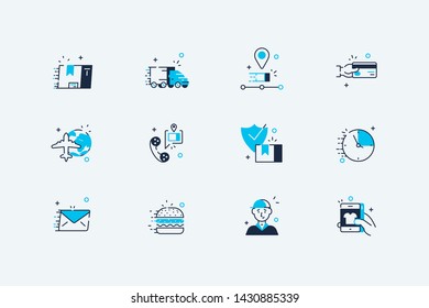 Delivery and shipping icons set vector illustration. Composition of line art symbols of checkout, transportation goods or food, route tracking, credit card online payments for mobile app flat concept