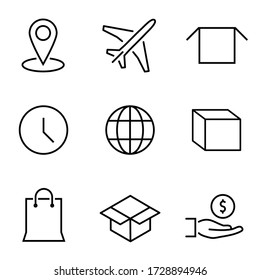Iconos de entrega y envío. Juego de Iconos de línea delgada que consiste en clavija de mapa, avión, caja, hora, globo, bolsa de papel, mano, dinero, entrega. Iconos de entrega de esquema. Icono de trazo editable