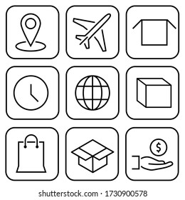 Delivery and shipping icons. Thin line Icons Set consisting of Map Pin, Airplane, Box, Time, Globe, Paper Bag, Hand, Money, Delivery. Outline Delivery icons. Editable stroke icon